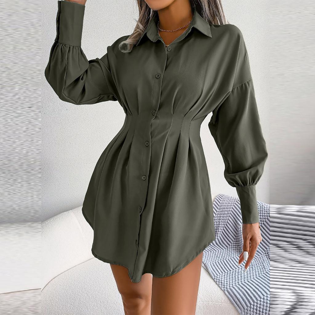 Women's Fashion Solid Color Long Sleeve Neck Waist Dress Shirt Dress