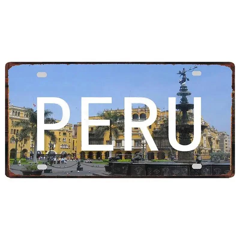 Peru Lima Cusco Car License Pate Retro Rusted  Art Front Vanity Tag Wall Poster Decor for Bar Garage Home Decoration Plaques
