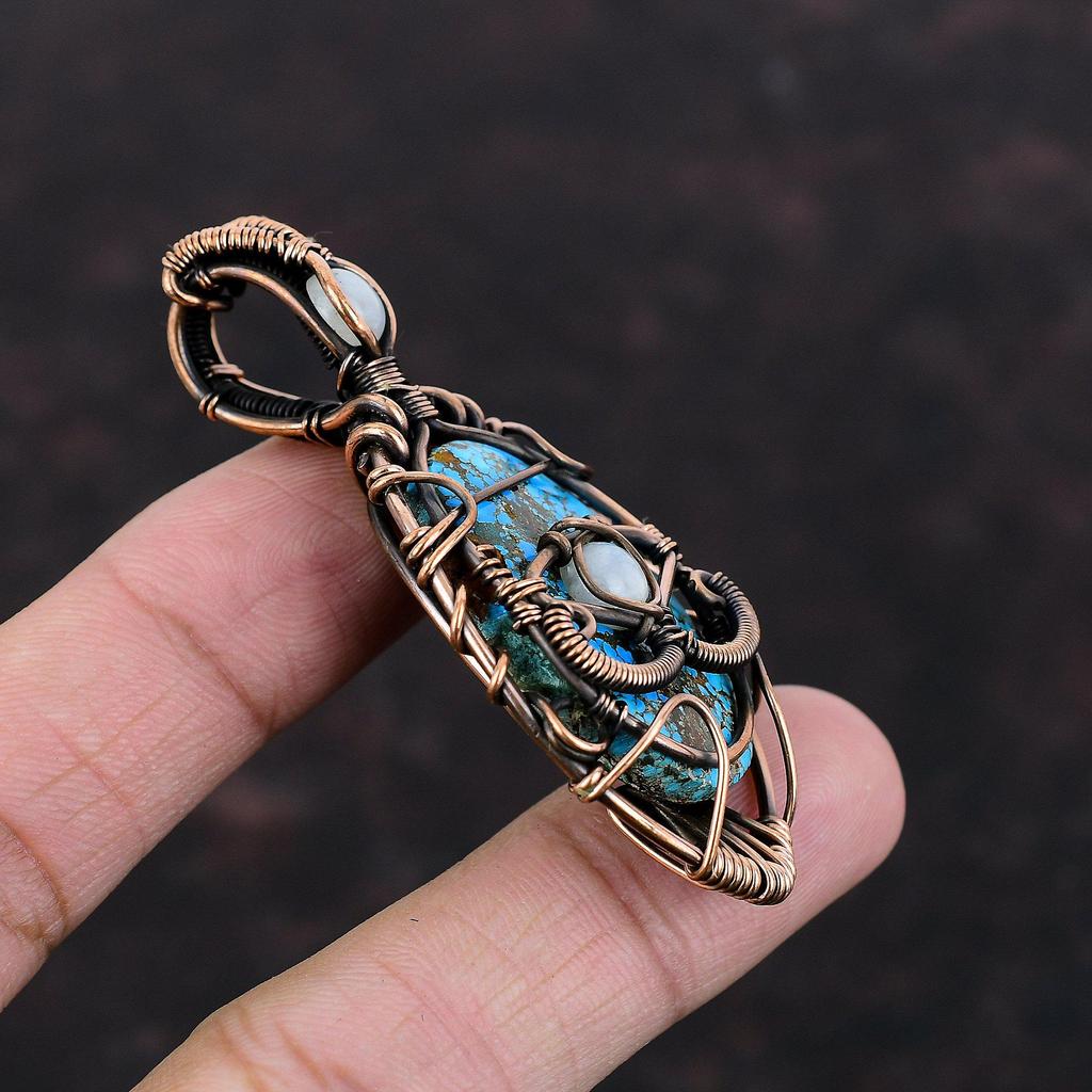 Подвеска из тибетской бирюзы от сглаза, подвеска из медной проволоки, подвеска из лунного камня, ручная работа, медные украшения, подарок для мамы, подвески из настоящих драгоценных камней