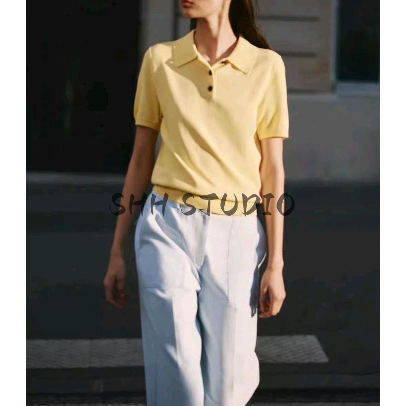 Fall New Women's Clothing French Breasted Decoration Short-Sleeved Knitting Polo Shirt Collar Casual Tops 2142019