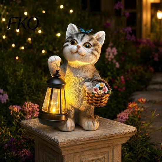 Solar Wedding Decoration Cat Garden Statue, Resin Outdoor Tabby Decor with Auto LED Accent Light Light, IP65 Waterproof Lawn Ornament for Patio, Gift