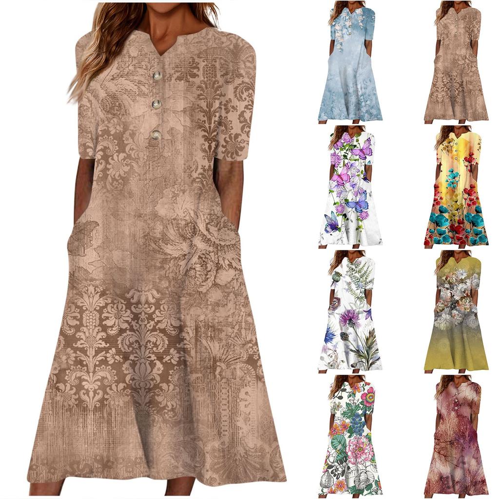 Women's Summer Casual Printed V-Neck Short-Sleeve Swing Dress