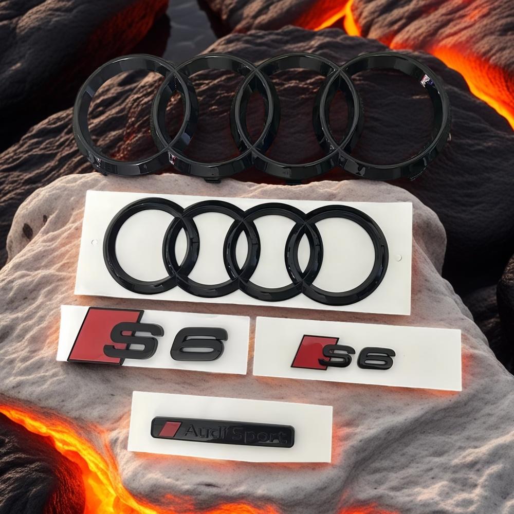 New 4Ring logo ABS Black For AUDI S6 2020-2023 Car Hood Front Grill Emblem Rear Trunk Badge Sticker 2P S6 1P Audi Sport