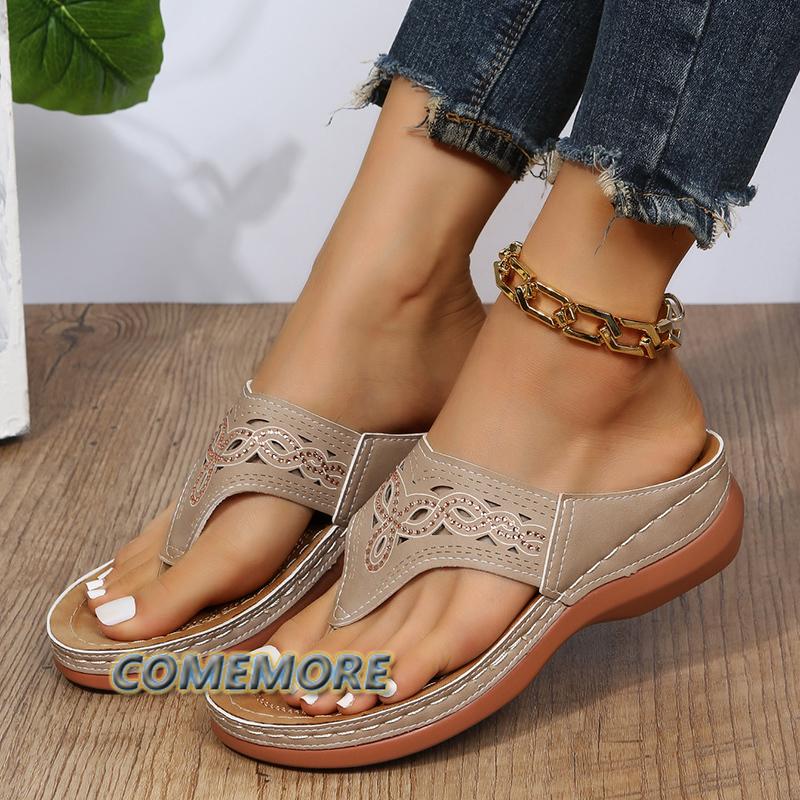 Women Platform Sandals Beach Casual Wedges Flip Flops Open Toe Big Toe Anti-slip Outdoor Shoes Slippers Hollowed Out Rhinestone