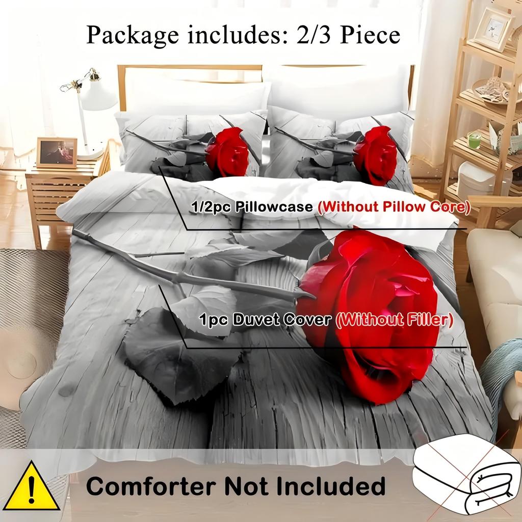 Red Rose Flower 3D Print Duvet Cover Luxury Romantic Theme Soft Bedding Cover Set Couple Valentine's Day Gifts Bedroom Decor