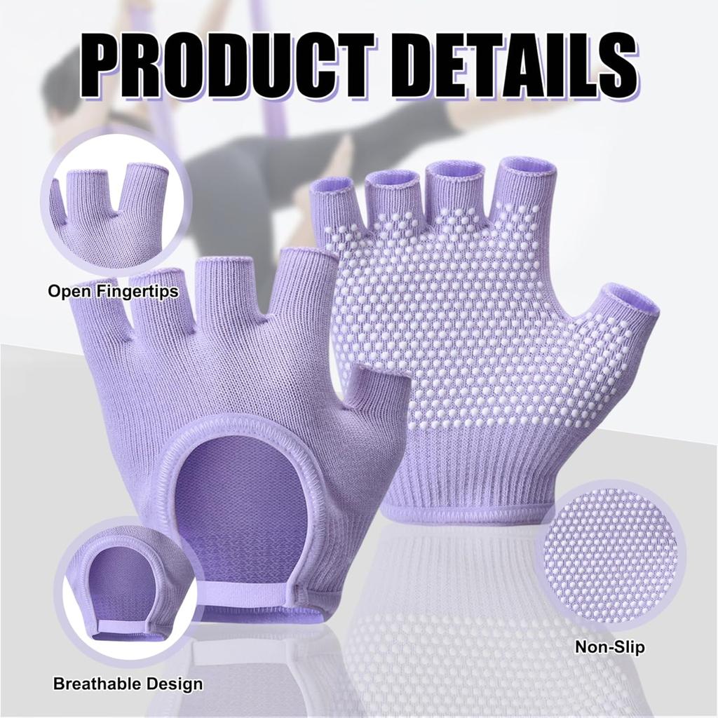 3 pairs of women's half-finger yoga gloves, non-slip and breathable sports fitness gloves, purple, white and gray