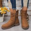 Autumn and Winter New Round Toe Side Zipper Low Heel Plus Size Short Boots, Flat Bottom, Belt Buckle, Suede Midsole Boots