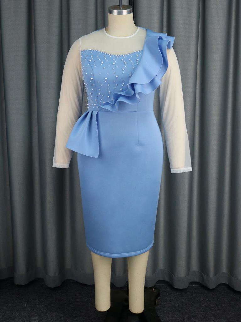 AOMEI Синие вечерние платья с бисером, О-образным вырезом, тюль, пэчворк, прозрачные рукава, высокая талия, оборки, миди, вечерние платья для женщин