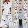 Women's Butterfly Floral Print Short Sleeve Midi Dress Casual V Neck Button Pockets Long Beach Dresses