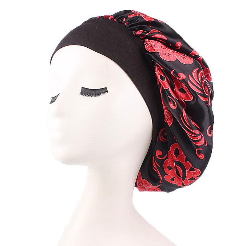 Floral Print Nightcap Women Satin Night Sleep Satin Hair Bonnet Silk Head Cover Wide Elastic Band