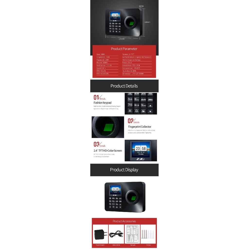 2.4 High Resolution Color Display TA10 Fingerprint Password ID Card Time Attendance Machine and Access Control System