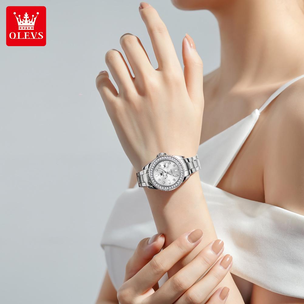 OLEVS Womens's Watches Trend Fashion Stainless Steel Original Quartz Wristwatch for Lady Big Date Diamond Bezel Waterproof New