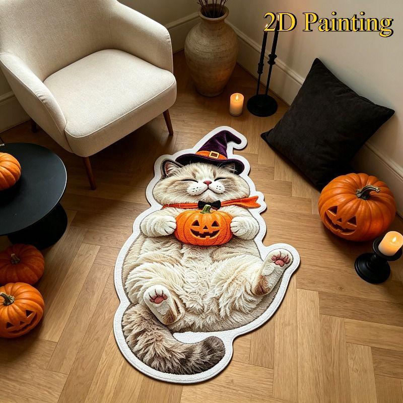 Cute Cartoon Halloween Cat Shaped Rug, Witch Hat Pumpkin Non Slip Floor Mat for Bedroom Entryway Fall Home Decor