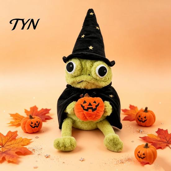 Soft Velvet Frog Toy Wizard Plush Doll, Halloween Pumpkin And Cloak Decor, Desktop Ornament Decoration Stuffed Animal for Holiday Home Collectible