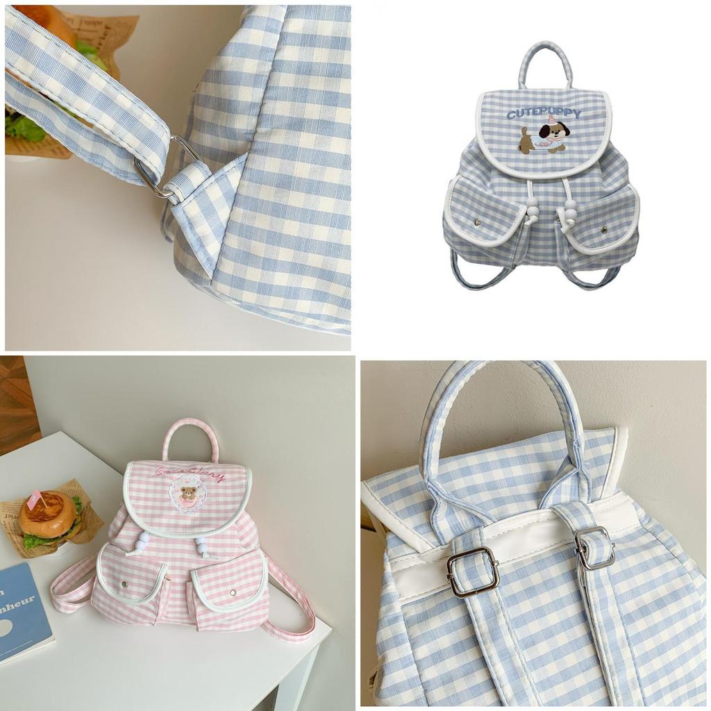 Cartoon Dog Embroidered Checkered Pattern Mini Backpack For Girls With Nylon Interior For Daily Use