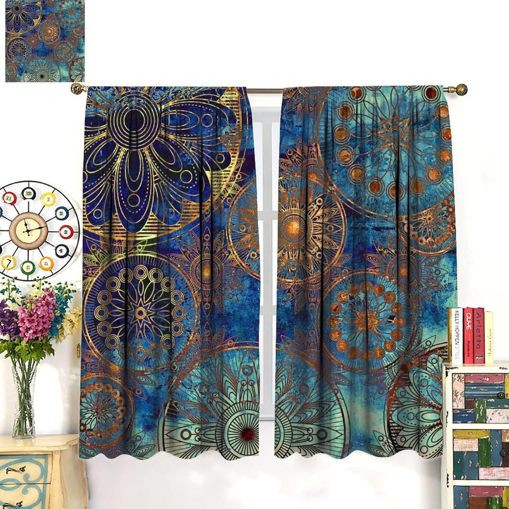 Mystic Mandala Curta For Home Decor, Vintage Abstract Magic Art Golden Blue Pattern Window Treatments, Rod Pocket Thermal
