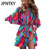 JPNTKY Women's Fashion Summer Spring Floral Print 2/1 Sleeve V-Neck High Waist Casual Dressesw