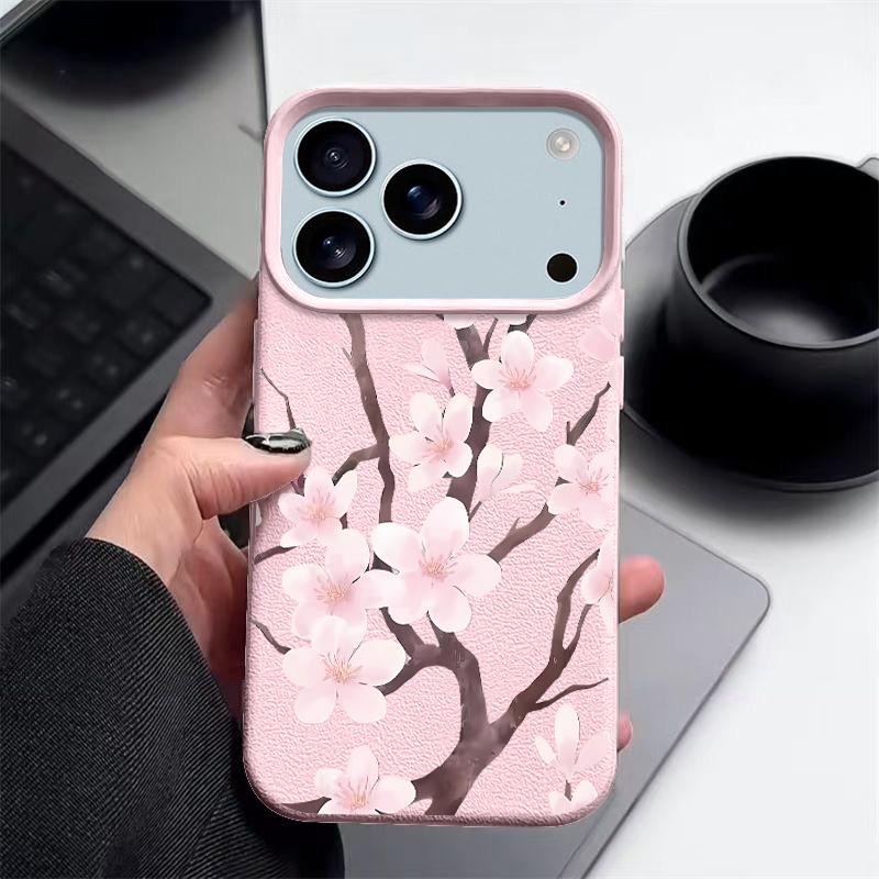 Чехол в стиле ручной росписи с узором сакуры для iPhone 17 Pro Max Кожаная текстура Мягкая силиконовая крышка для iPhone 16 15 14 13 Pro 12 11 16E