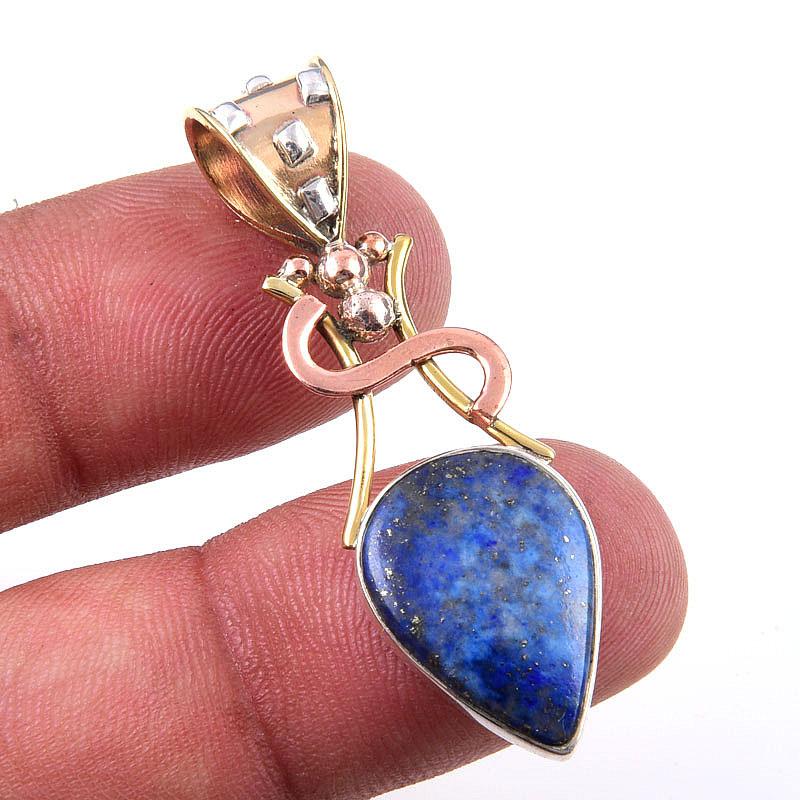 Natural Lapis Lazuli 925 Solid Sterling Silver TwoTone Gift Pendant 1.75" i4m33