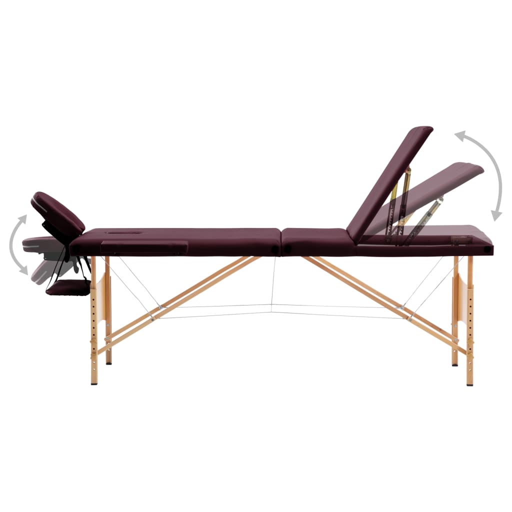 Folding 3 Zone Massage Table with Wooden Frame Burgundy Purple