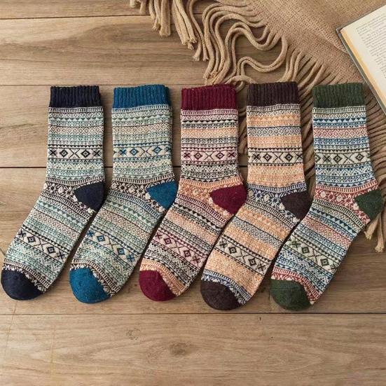 1/5 пары мужских зимних носков средней длины с теплоизоляцией в этническом стиле для дома и спальни, носки-тапочки с цветными блоками, противоскользящие, вязаные, повседневные