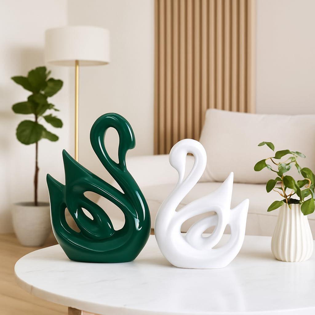 Home Decor Lucky Swan Couple, Green White, Piano Finish Ceramic Figures(Set of 2 Pc, Large)