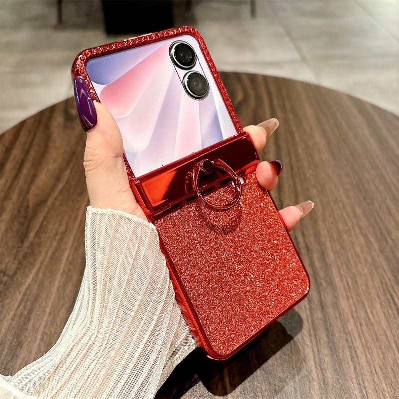 Luxury Rhinestone Ring Stand Case Honor Magic V Flip2 Shockproof PC Cover With Mirror Finish Slim Lightweight Design