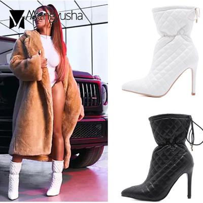 Модные эластичные ботинки челси с бантом на шнуровке зимняя обувь клетчатые ботинки до середины икры женские туфли с острым носком на шпильке высокие каблуки botas