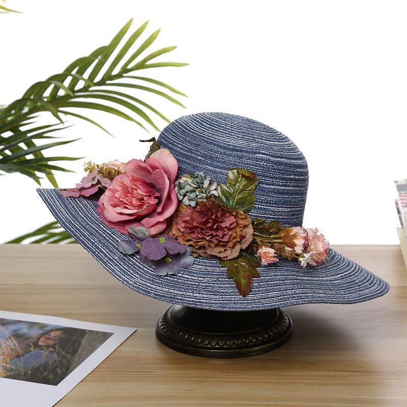 Summer new sunscreen sunshade flower straw hat women's beach travel hand-woven hat foldable big eaves hat