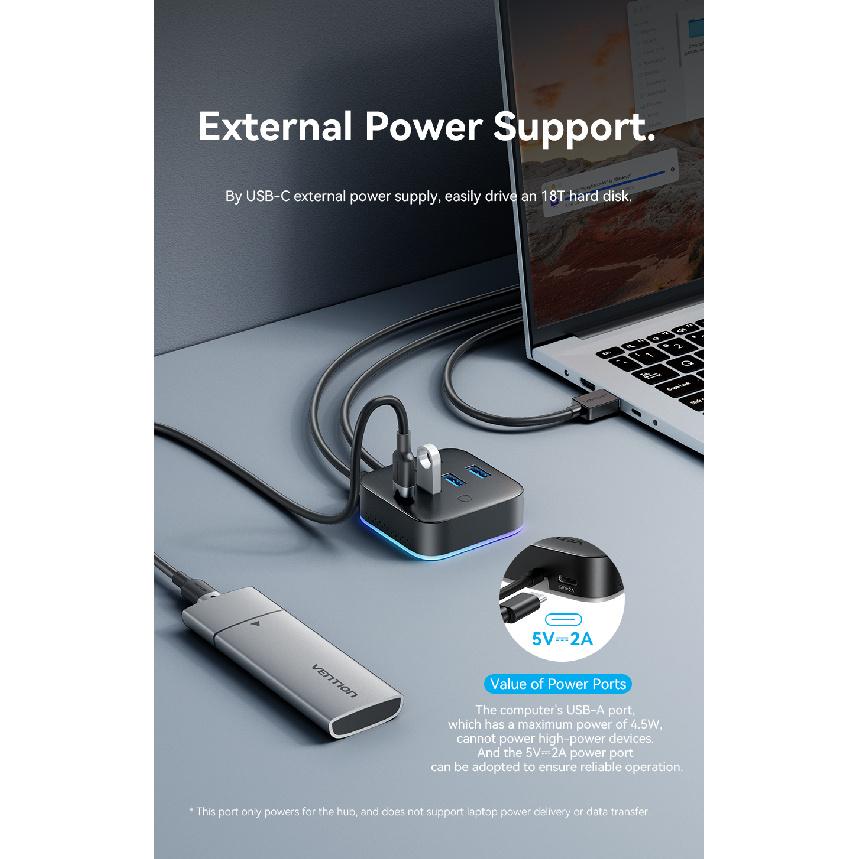 Vention USB 3.2 Gen 1 Type C Extension HUB 5 Ports Multiple USB HUB Built-in RGB Ambient Light Adjustable with USB C Power Supply for Laptop Macbook