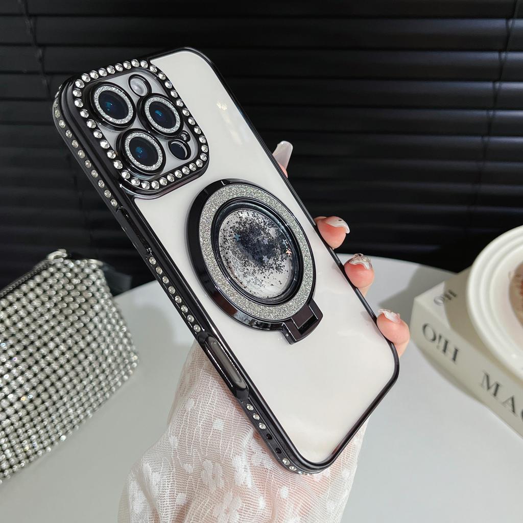 Чехол-бампер для телефона с подставкой, защищающий объектив камеры, с гальваническим покрытием, блестками и бриллиантами, для iPhone 17 16 Pro Max Samsung S25 S24, прозрачная защитная крышка