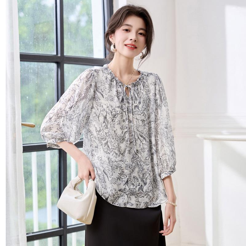 Женская шелковая рубашка с рукавами три четверти, модная свободная рубашка из шелка-тутового шелкопряда с эффектом деграде, топ