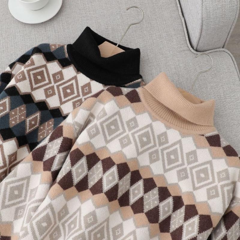 Свитер с высоким воротником, женский пуловер, осень-зима 2022, винтажный свободный свободный свитер с длинным рукавом в стиле вестерн, повседневный вязаный женский свитер