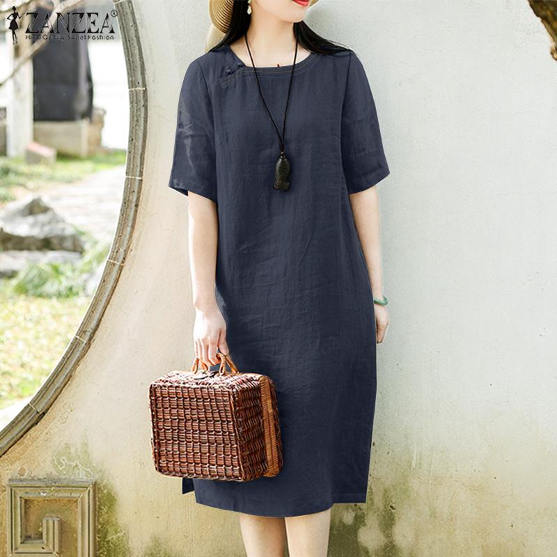 ZANZEA Женское повседневное хлопковое летнее платье с коротким рукавом и круглым вырезом