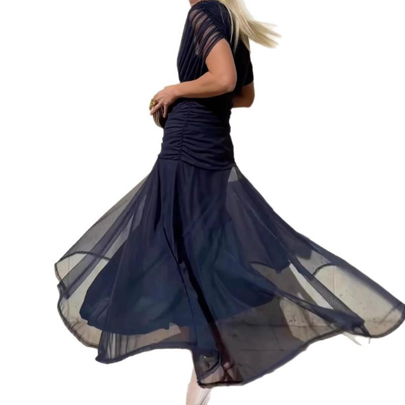 Elegant Solid Color Deep V Neck Mesh Dress Women High Waist Maxi
