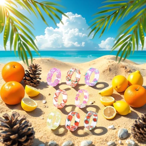 SquarezhenBo Sweet Acrylic Fruit Rings for Women Teen Girls Colorful Summer Knuckle Ring Set 8 Pcs 1.7cm Funny Jewelry Gift