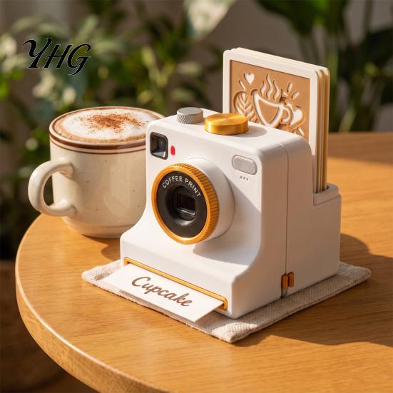 Beverage Topping Decorator 3D Printed Latte Art Camera, Manual Coffee Powder Printer with Retro Camera Design Tool Template Cards, Cocoa Cinnamon