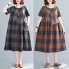 Новое летнее художественное платье большого размера свободного кроя из хлопка и льна в клетку с круглым вырезом и короткими рукавами для женщин средней длины