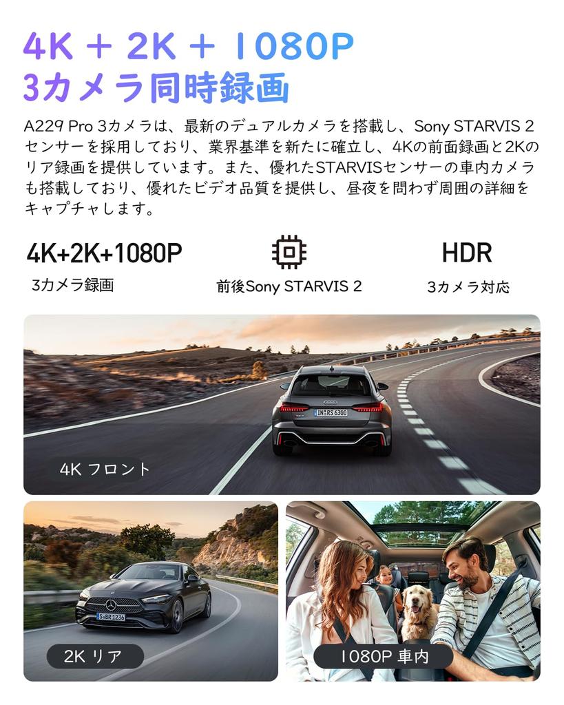 VIOFO Dash Front and Rear UHD 2160P Only Front and Rear STARVIS 4K 1440P 1080P Omnidirectional 5GHz Parking CPL Filter Voice Japanese A229Pro 3CH Cam,