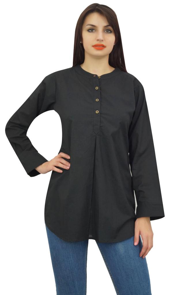 Phagun Женская летняя туника со складкой-коробкой, с длинным рукавом, черная, повседневная блузка