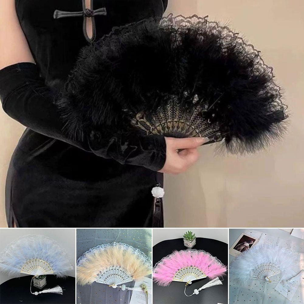 Lolita Feather Fan with Pendant Dance Performance Fans Fashion Feather Folding Fan Wedding Gift