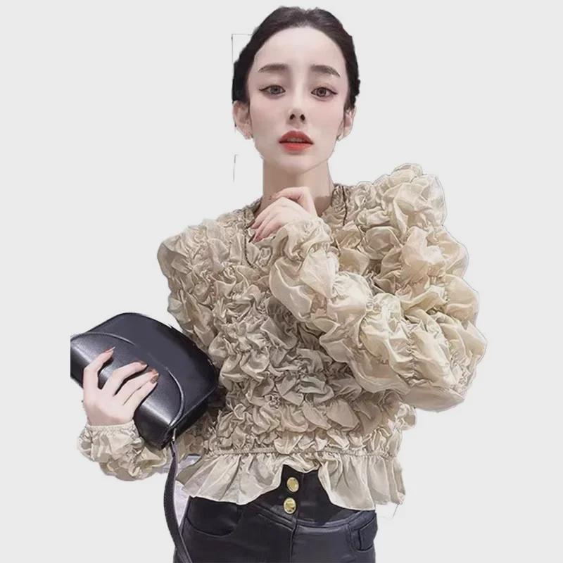 Women's European Palace Style Puff Sleeve Pleated Top for Autumn/Winter