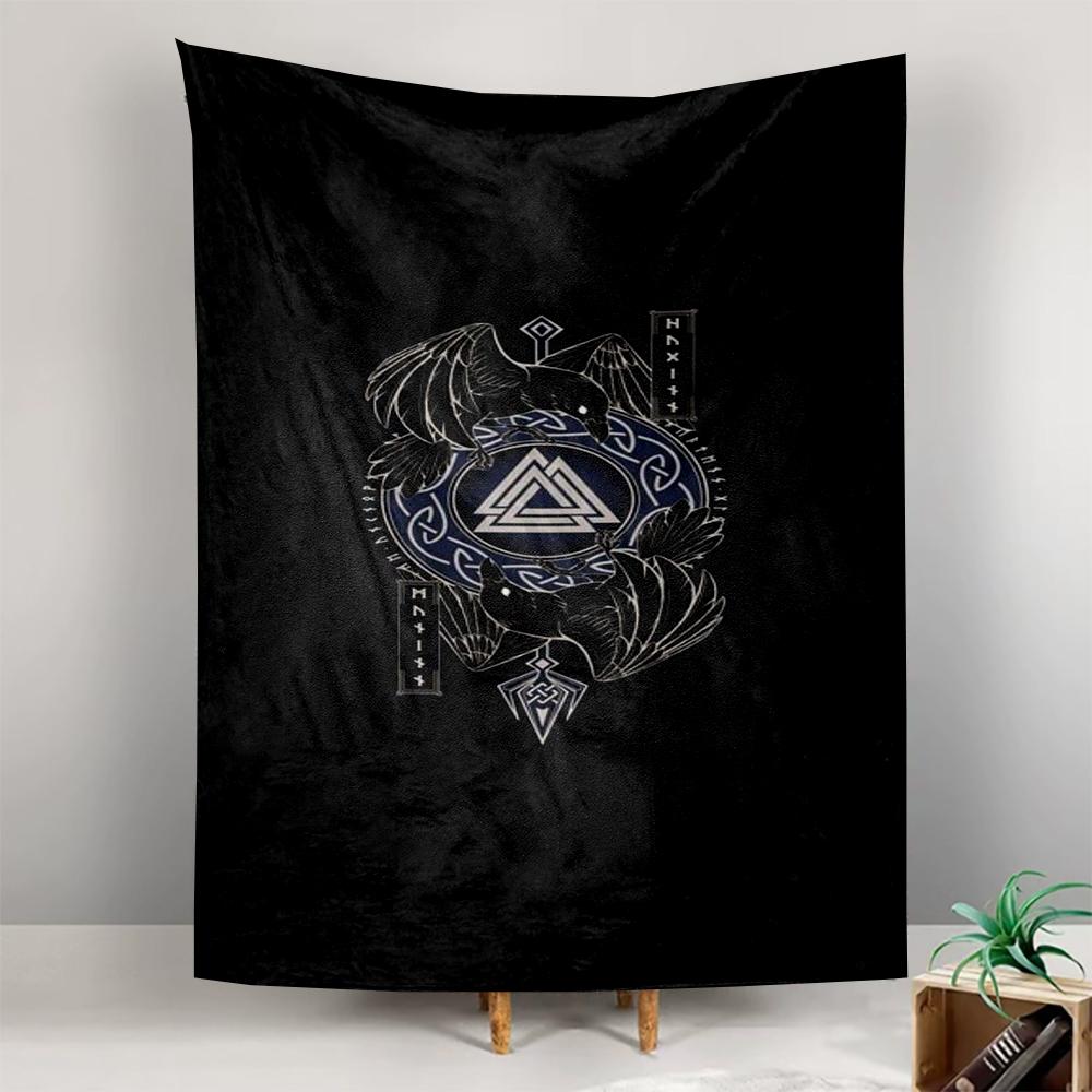 Tapestry Viking Norse Valknut Two Ravens Blue Celtic Circle Rune Pillars Black Minimalist Art