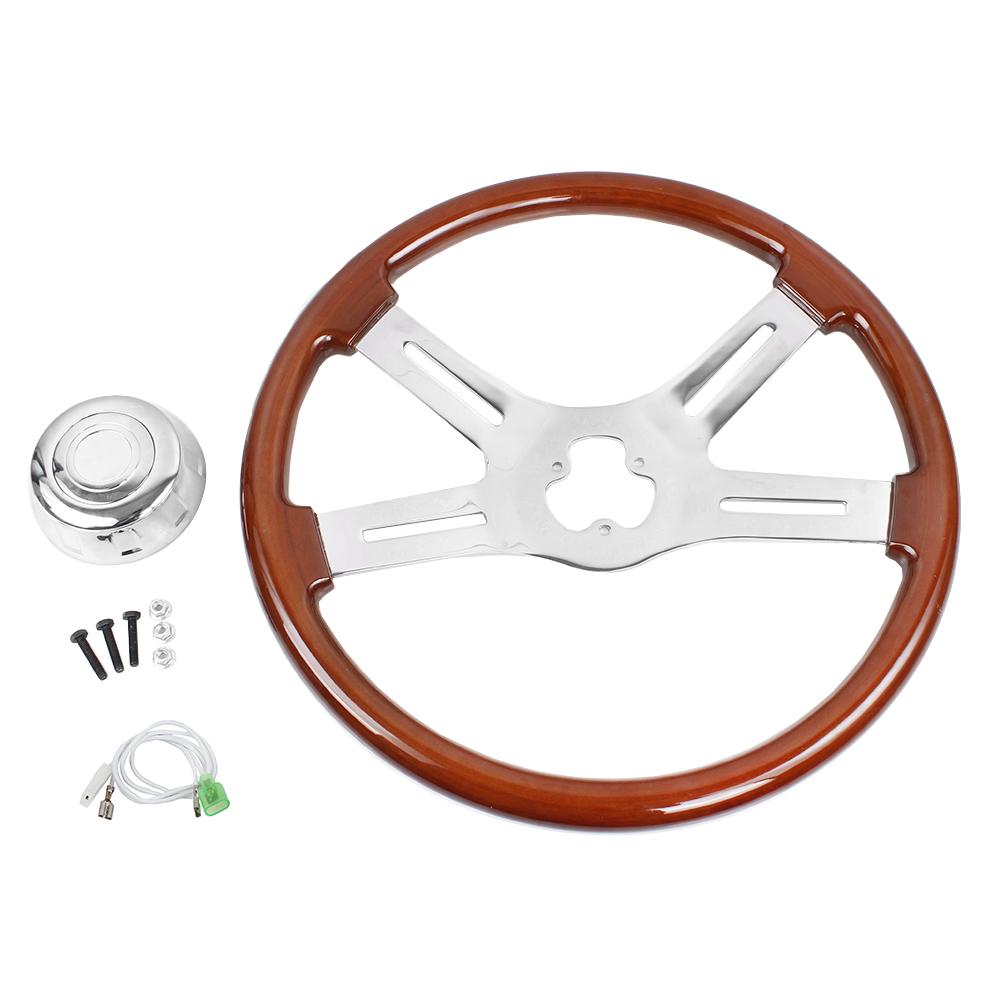 RASTP-New Truck Wooden 455mm 18''Classic Steering Wheel 3 Electroplated Steel Big Car Classic Wood Grain Finish RS-STW030