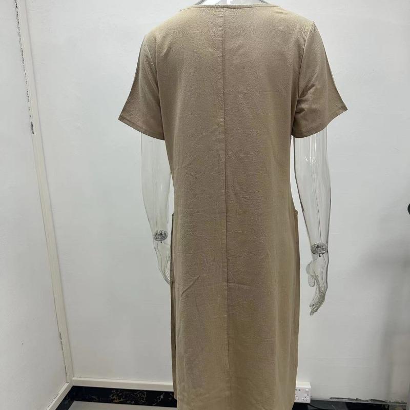 Summer Casual Women's High Waist Dress Short Sleeve Dresses for Female Solid Color Dress Round Necked Dress Loose Dress With Pocket Commuter Dresses