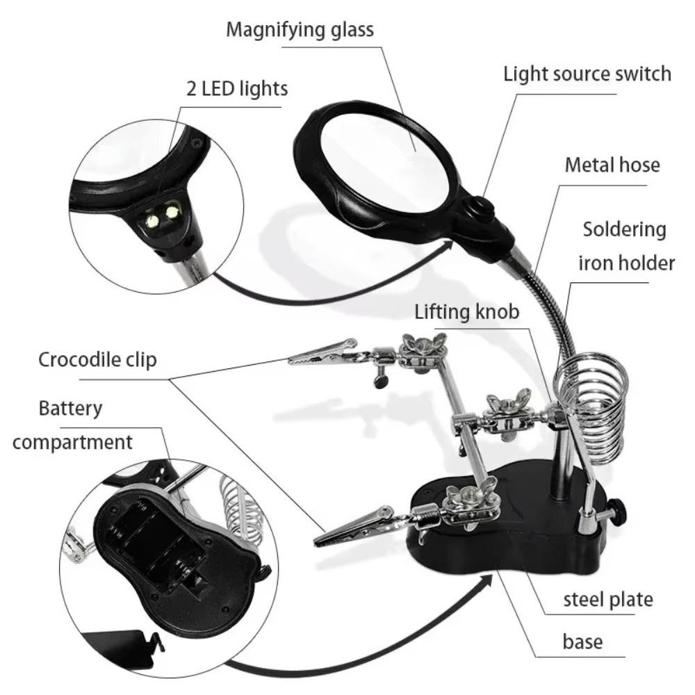 3.5X 12X Clip Welding Magnifier with 2 LED Clip Iron Welding Stand Station Magnifying Glass