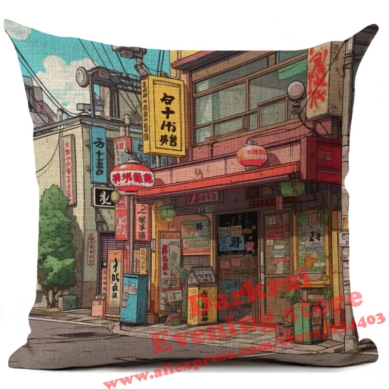 Cartoon Street Corner Linen Cushion Cover Japan Architecture Style Home Decoration Living Room Sofa Throw Pillows Case 45X45Cm