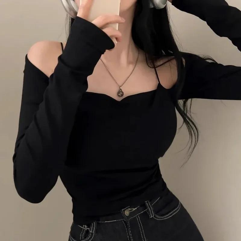 VAYLA Korea New Style Pure Desire Sexy Off-The-Shoulder Two-Piece Illusionslims Women's Long Sleeve T-Shirt Versatile Smoot