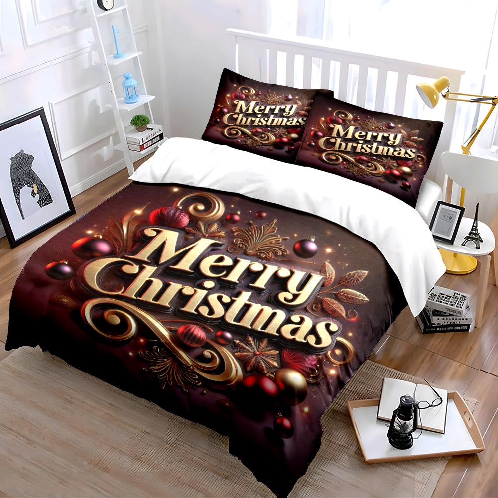 Christmas Greetings with Stars and Ornaments Bedding set (1 duvet cover, 2 pillowcases, duvet not included)