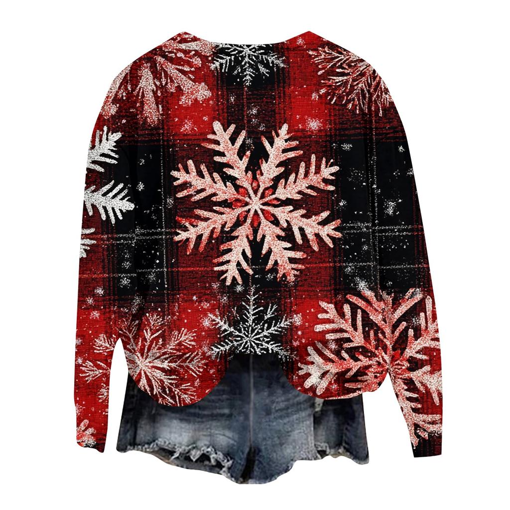 Женская мода круглый вырез пуловер длинный рукав футболка рождественский принт топ
